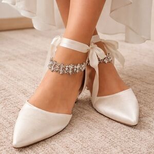 NWT KAILEE P Ivory Satin Rhinestone Ankle Tie Flats